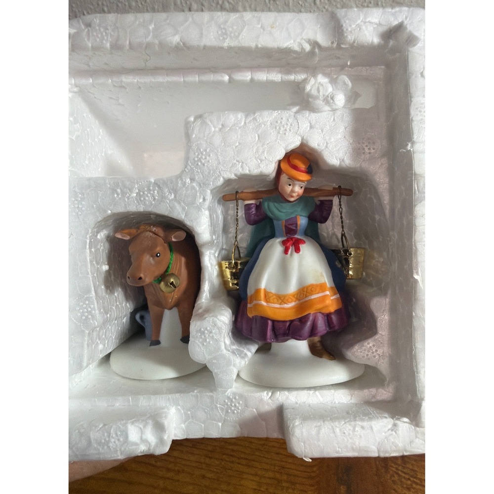 Dept 56 Heritage Village Series Milkmaid and Cow Figurines Porcelain Set 2pc